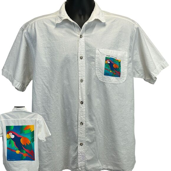 Vintage 90s Cabo San Lucas Parrot Button Front Shirt Mens M Medium White Mexico - Picture 1 of 11